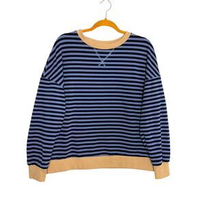 BTFBM Sweatshirt Knit Top Rugby Contrast Stripe Blue Navy Beige XL